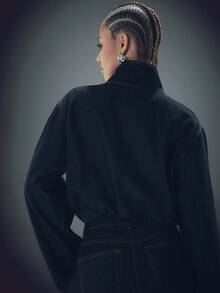 Denimoi High Neck Zip Front Barrel Sleeve Cinched Waist Denim Jacket Denim Cropped Jacket Fashion Denim - Dark Wash - View 5