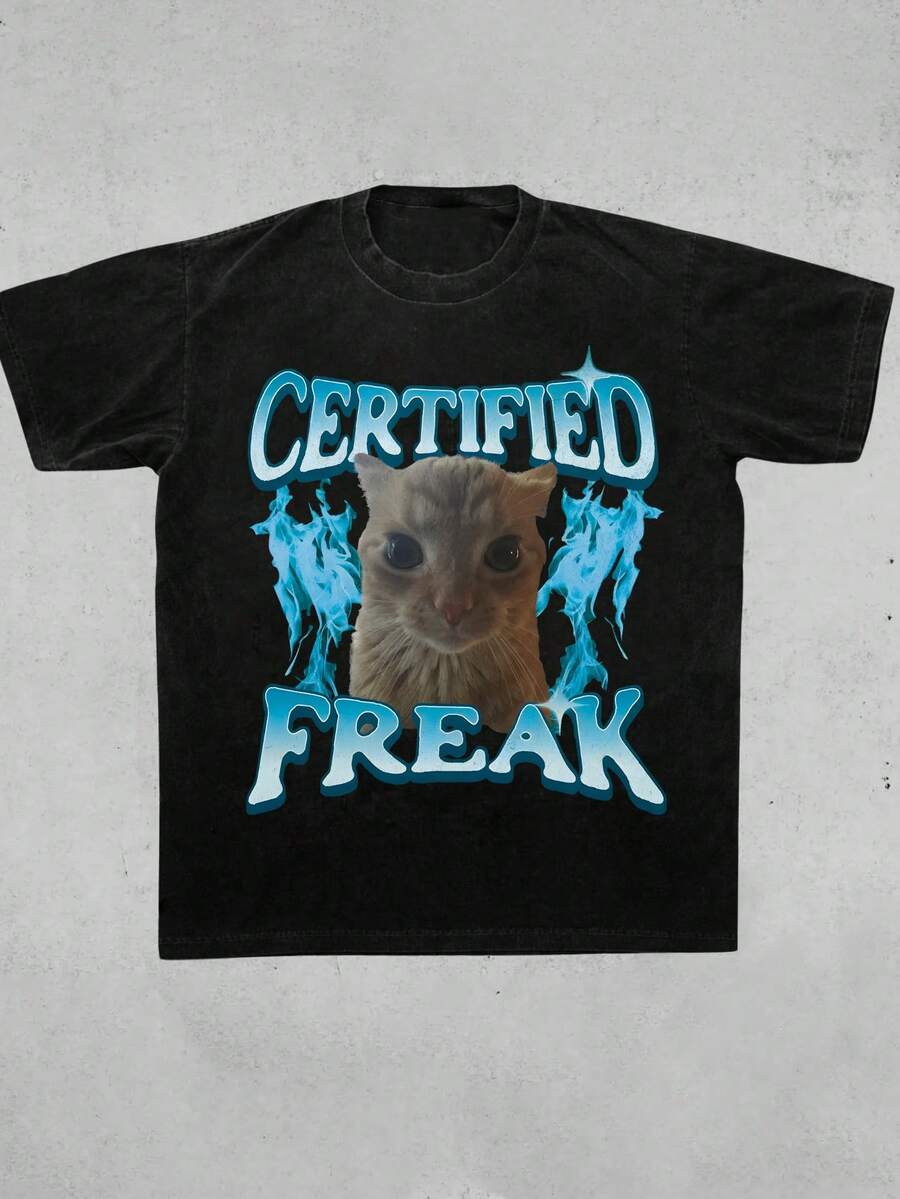 Glimmora 认证怪咖趣味猫咪表情包短袖圆领宽松复古猫咪图案T恤，幽默宠物礼物，适合春夏日常穿着 - 黑色 - 查看 1