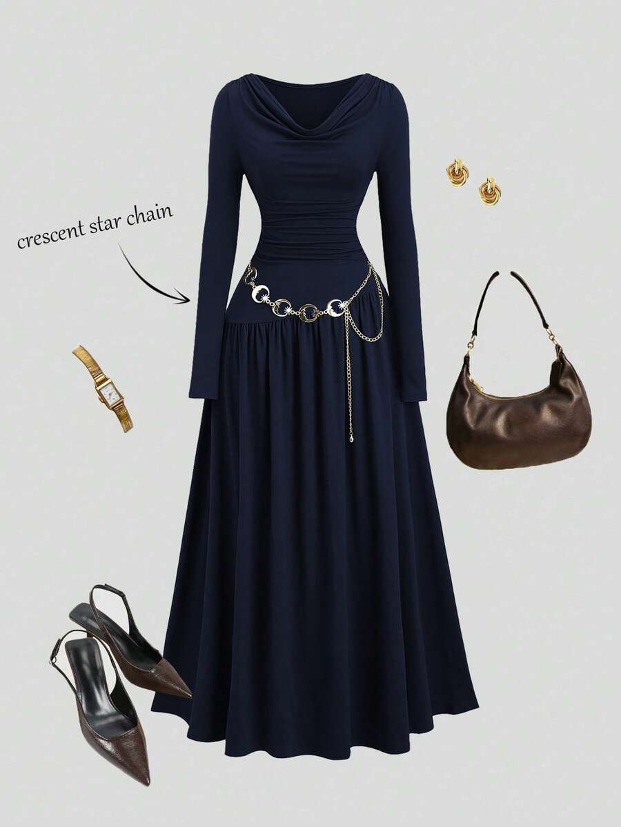 Sweetra Women's Autumn/Winter Coffee Color Plunging Necklace Decor Long Sleeve Simple Elegant Dress - Navy Blue - View 1