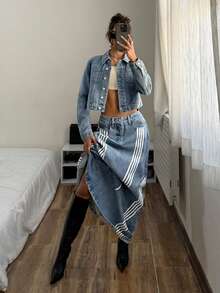 StreetHx Women's Casual Washed Striped Maxi Denim Skirt Jean Skirt Y2k Long Beach Skirt Split Skirt - Blue - View 3