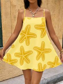 Vivid Eden 女士海星印花无袖连衣裙，度假款 - 黃色 - 查看 3