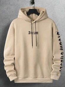 Manfinity Homme 男士字母图案落肩时尚长袖外出抽绳连帽衫，万圣节，秋季 - 杏色 - 查看 5