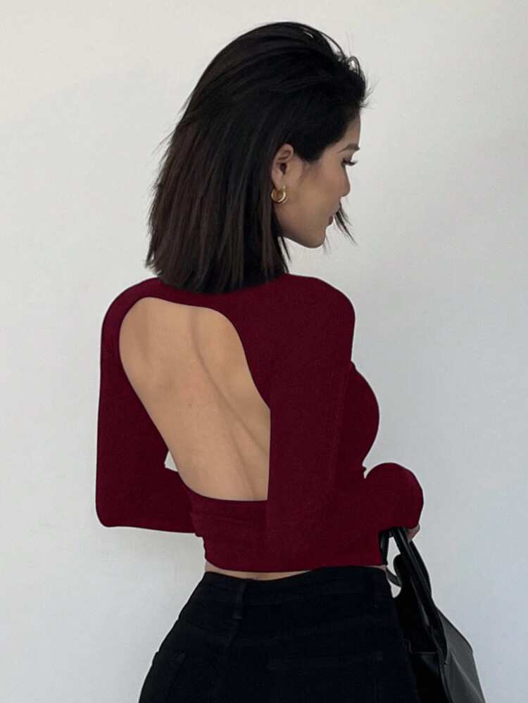 Women's Backless Tight-Fitting Turtleneck Long Sleeve T-Shirt Y2k