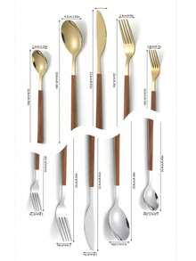 5人份不锈钢餐具套装，仿木柄刀叉勺，镜面抛光，可机洗 - 金色 - 查看 7