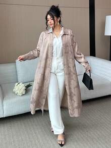 Dazy Plus 大码女式宽松碎花翻领长袖中长连衣裙，春夏吊带裙 - 棕色 - 查看 6