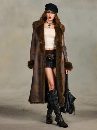 Grunge Punk معطف نسائي مفتوح الأمام بأكمام طويلة وياقة من الفرو الاصطناعي الفاخر والناعم، مناسب للخريف والشتاء