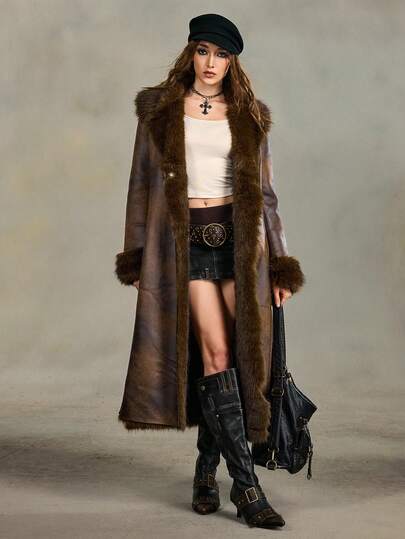 Grunge Punk Veste à manches longues avec col en fausse fourrure, style mode et polyvalent pour les vacances. Ouverture devant, pour l'automne/hiver