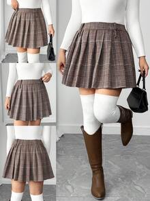 SHEIN Tall CURVE 美拉德格纹A字百褶裙，百搭休闲通勤风，适合春、秋、冬三季穿着。 - 棕色 - 查看 1