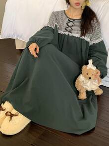 DAZY Sweet Bow Decor Plaid Patchwork Loose Women Nightgown Pajamas - Green - View 9