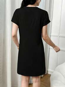 INAWLY 太陽、月亮印花蝙蝠袖夏季連衣裙 - 黑色 - 查看 2