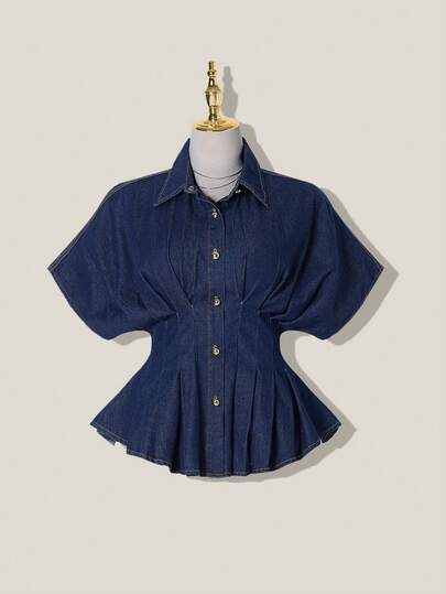 SHEIN MOD Chic Denim Blouse For Women With Pleated Waist And Short Batwing Sleeves Timeless And Design Elegant Women's Blouse Casual Blouse For Women Navy Blue