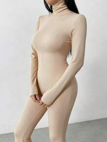 Flirla Black High Neck Fitted Flare Jumpsuit - Apricot - View 4