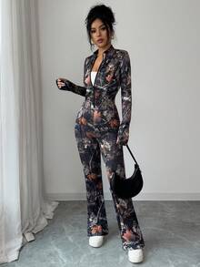INAWLY Women's Casual Camouflage Pattern Fitted Zip-Up Cropped Top & Flared Pants 2 Pieces Set - Multicolor - View 6
