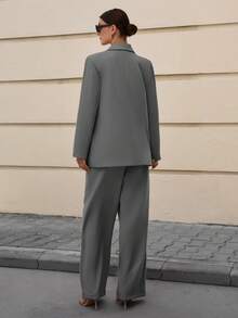 EURMUSE Fashionable Versatile Solid Color Blazer And Wide Leg Pants Suit Set - Grey - View 2