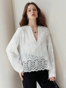 Frievida Intricate Hollow Crochet Embroidered Fabric Deep V-Neck Long Sleeve Blouse - White - View 5