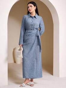 Veilorie 2pcs Women's Arabic Style Outfit (Long Sleeve Top And Skirt Set) - Blue - View 6