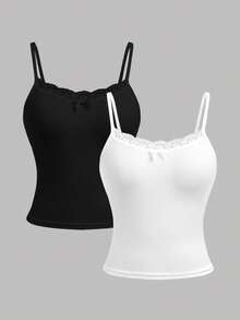 Girlism 2件套少女黑白针织吊带背心，蕾丝边饰蝴蝶结点缀，简约基础款吊带背心，春夏款