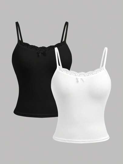 Girlism 2pcs/Set Teen Girls' Black & White Knit Camisole Tops With Lace Trim & Bow Decor, Minimalist Basic Camisole Vest, Spring/Summer