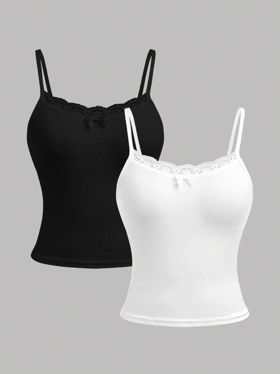 Girlism 2件套少女黑白针织吊带背心，蕾丝边饰蝴蝶结点缀，简约基础款吊带背心，春夏款