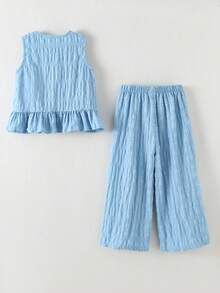 SHEIN 年轻女孩休闲街头时尚通勤装，纹理面料无袖圆领上衣和直筒裤套装 - 藍色 - 查看 3