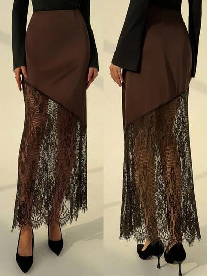 Aloruh 秋冬新款浪漫约会棕色缎面撞色蕾丝A字裙，情人节女士穿搭