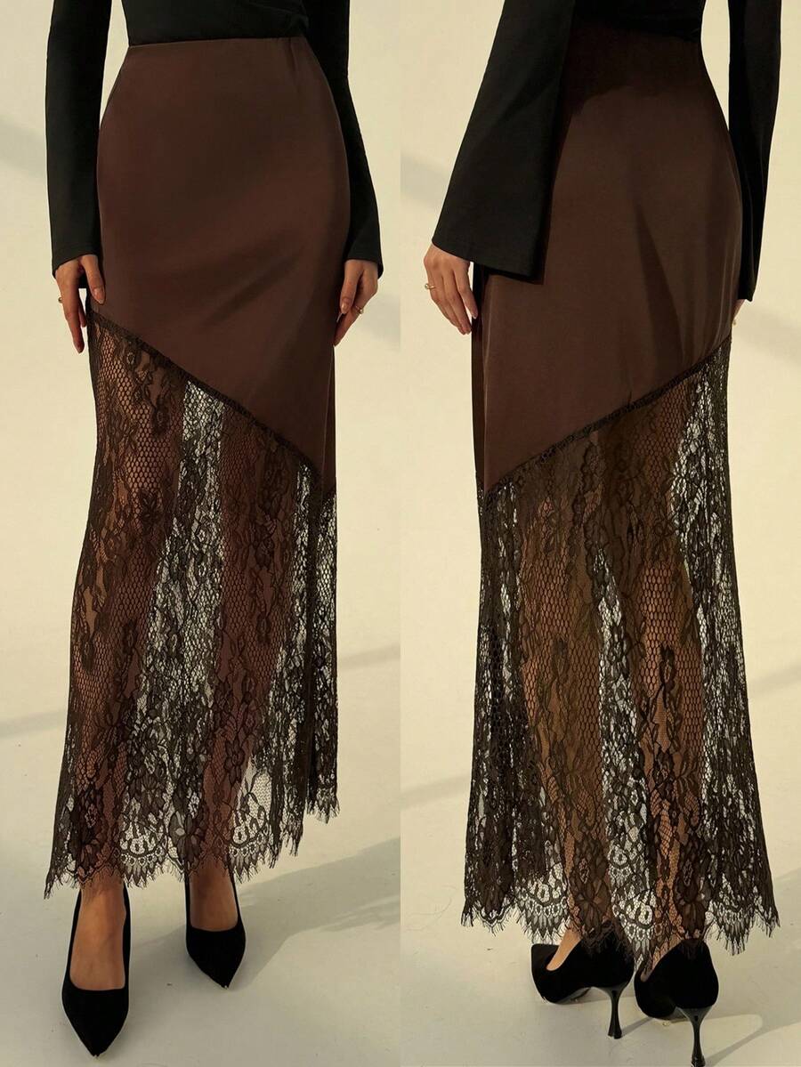 Aloruh 秋冬新款浪漫约会棕色缎面撞色蕾丝A字裙，情人节女士穿搭 - 棕色 - 查看 1