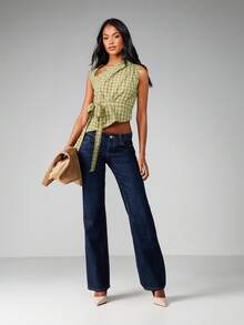 MISSGUIDED 格纹不对称裹身式系带无袖V领衬衫，春夏黄色格纹印花上衣 - 黃色 - 查看 6