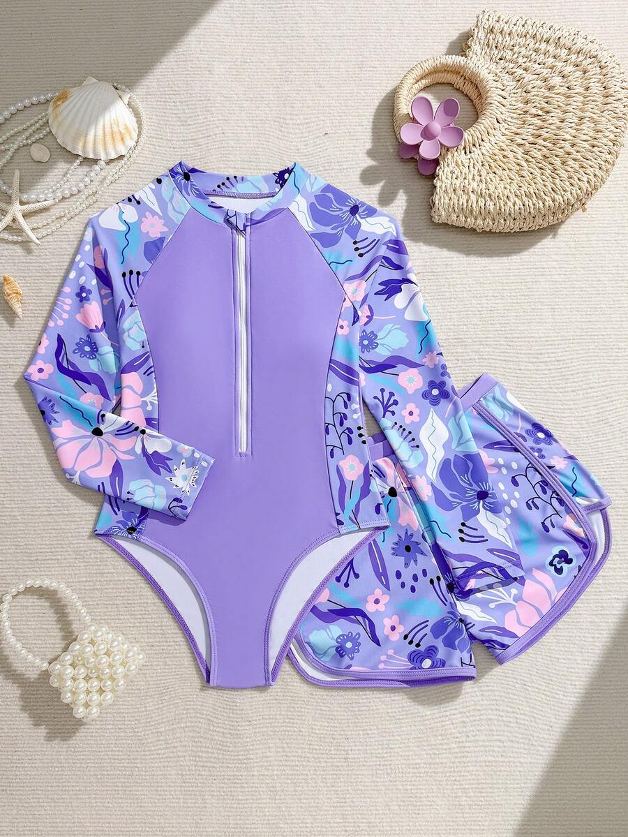 SHEIN 新款时尚女童拼接印花泳衣套装