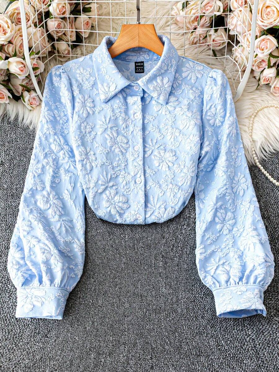 EMERY ROSE 女士纯色提花面料翻领灯笼袖休闲通勤时尚优雅复古浪漫约会蓝色长袖衬衫 - 藍色 - 查看 1