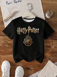 HARRY POTTER X SHEIN Tween Girl Casual Daily Commute School Style Badge & Letter Graphic Short Sleeve Black T-Shirt, Summer