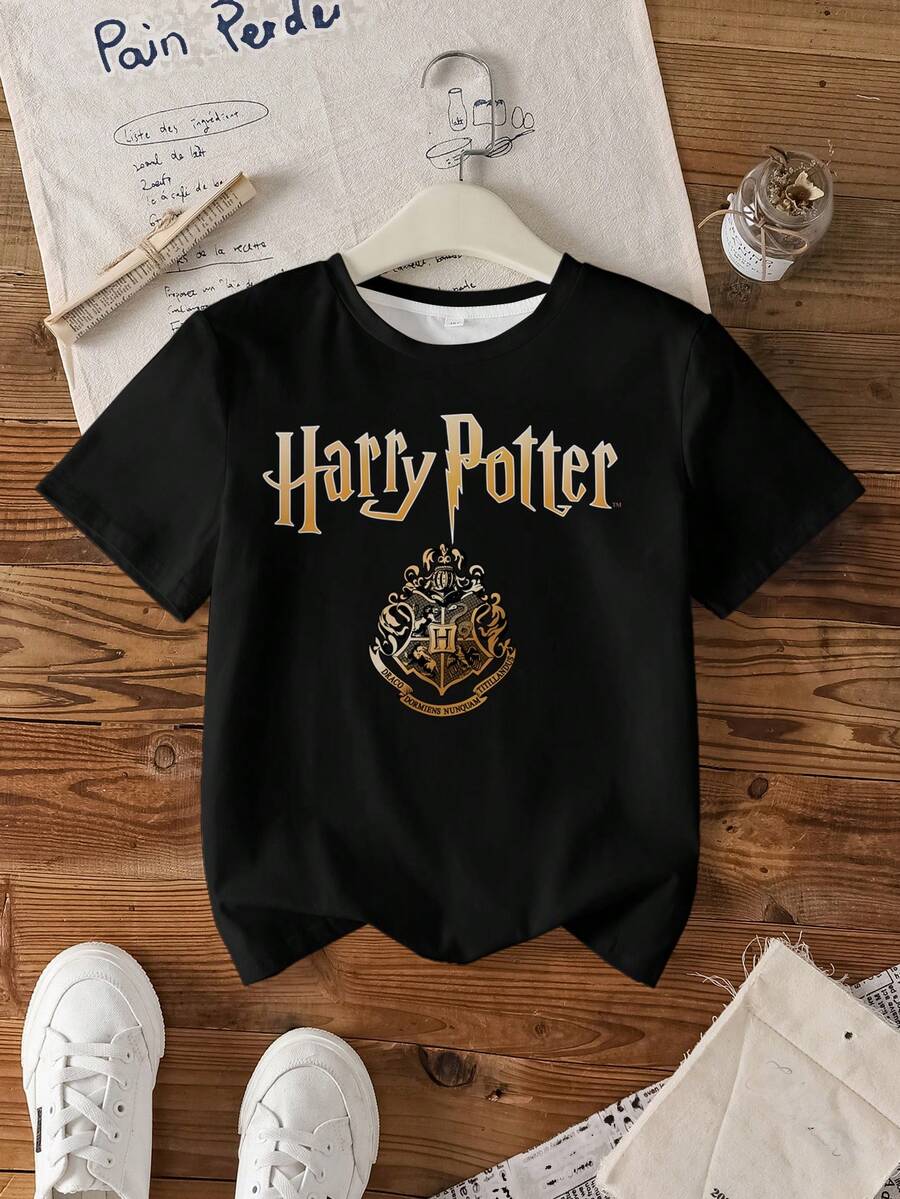 HARRY POTTER X SHEIN Tween Girl Casual Daily Commute School Style Badge & Letter Graphic Short Sleeve Black T-Shirt, Summer