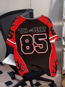 TOM & JERRY X SHEIN Plus Size Letter & Cartoon Graphic Color Block Round Neck Short Sleeve T-Shirt - White - View 2