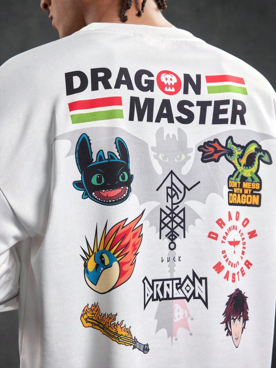 SHEIN How to Train Your Dragon بلوزة رياضية كاجوال للرجال مزينة برسومات حرفية وكرتونية، خريف - أبيض - مشاهدة 1