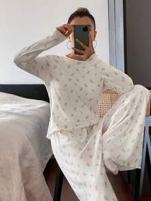 DAZY 碎花针织女士睡衣套装 - 米色 - 查看 6