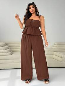 SHEIN EZwear 2件套加大码女式棕色休闲连体裤 - 棕色 - 查看 5