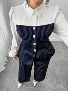Elenzga 大码女式条纹撞色珍珠纽扣衬衫和裤子两件套，优雅通勤装 - 藏蓝色 - 查看 1