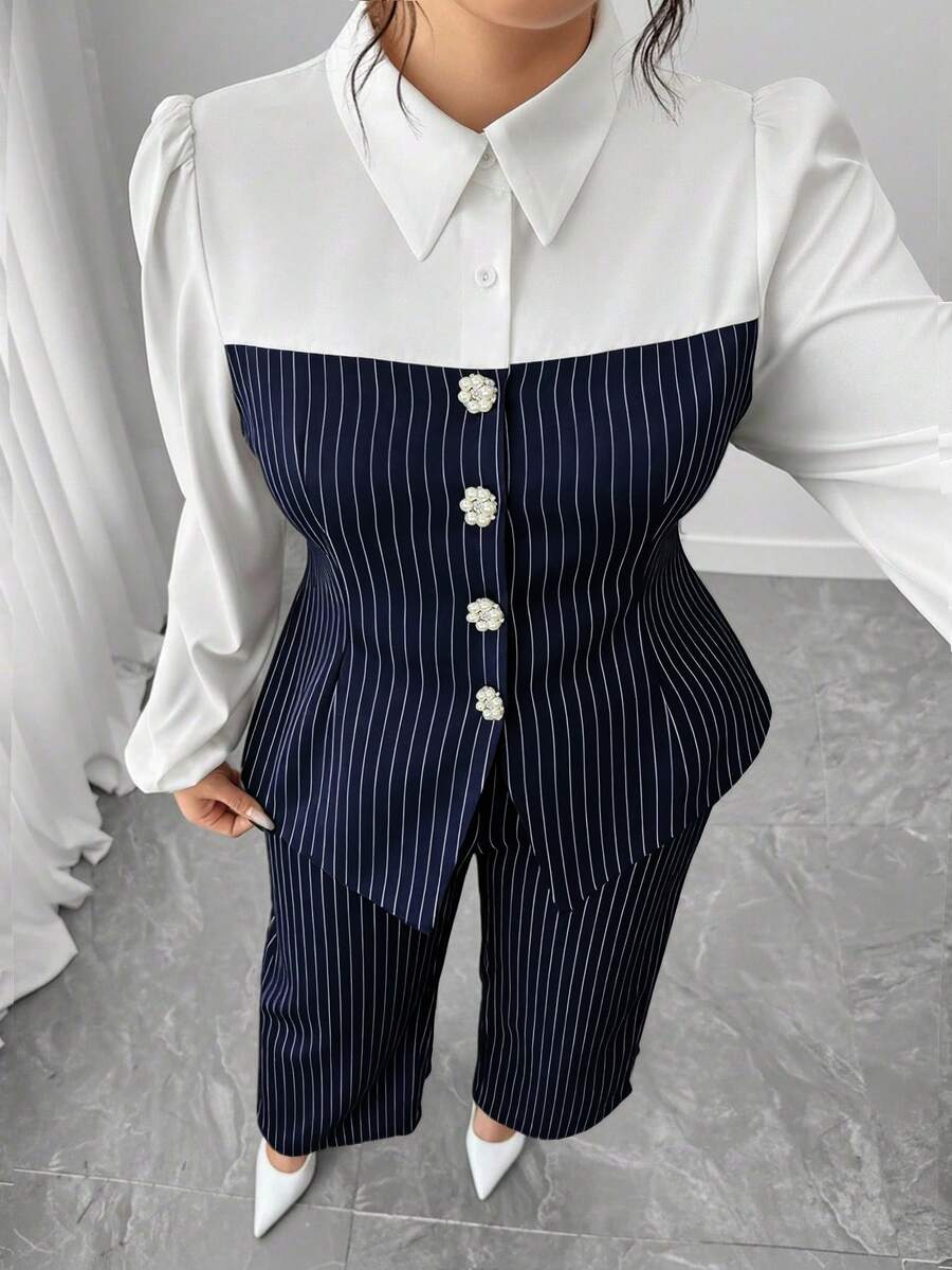 Elenzga 大码女式条纹撞色珍珠纽扣衬衫和裤子两件套，优雅通勤装 - 藏蓝色 - 查看 1