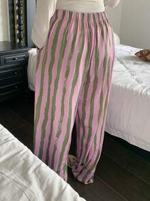 Dazy Plus 时尚弹力腰带抽绳宽松直筒条纹长款睡裤 - 粉色 - 查看 2