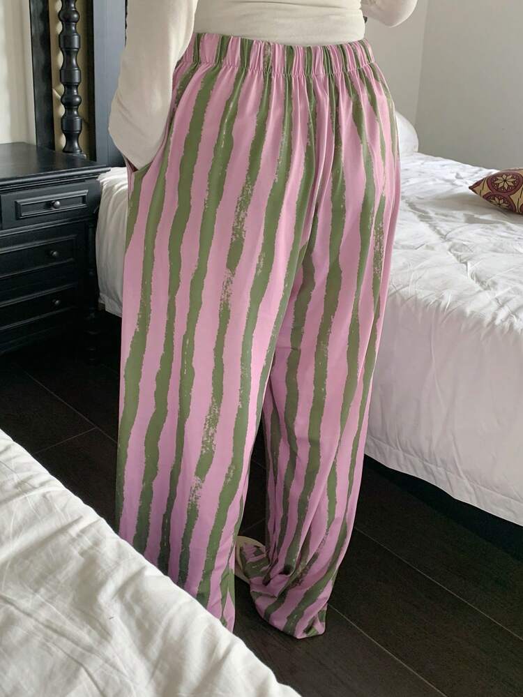 Dazy Plus Fashionable Elastic Waist Drawstring Tie Loose Straight Striped Long Pajama Bottoms