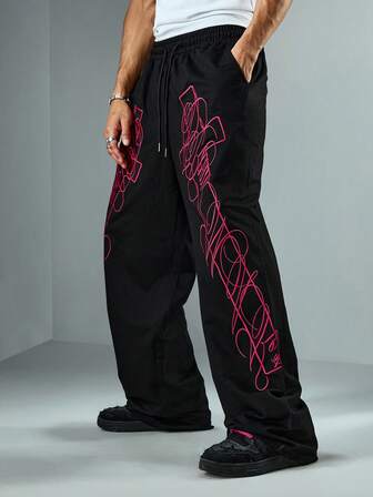 Goth Pantalon de survêtement pour hommes à taille élastique avec cordon de serrage, poches et jambes droites, style sombre avec broderie de lettres et de croix