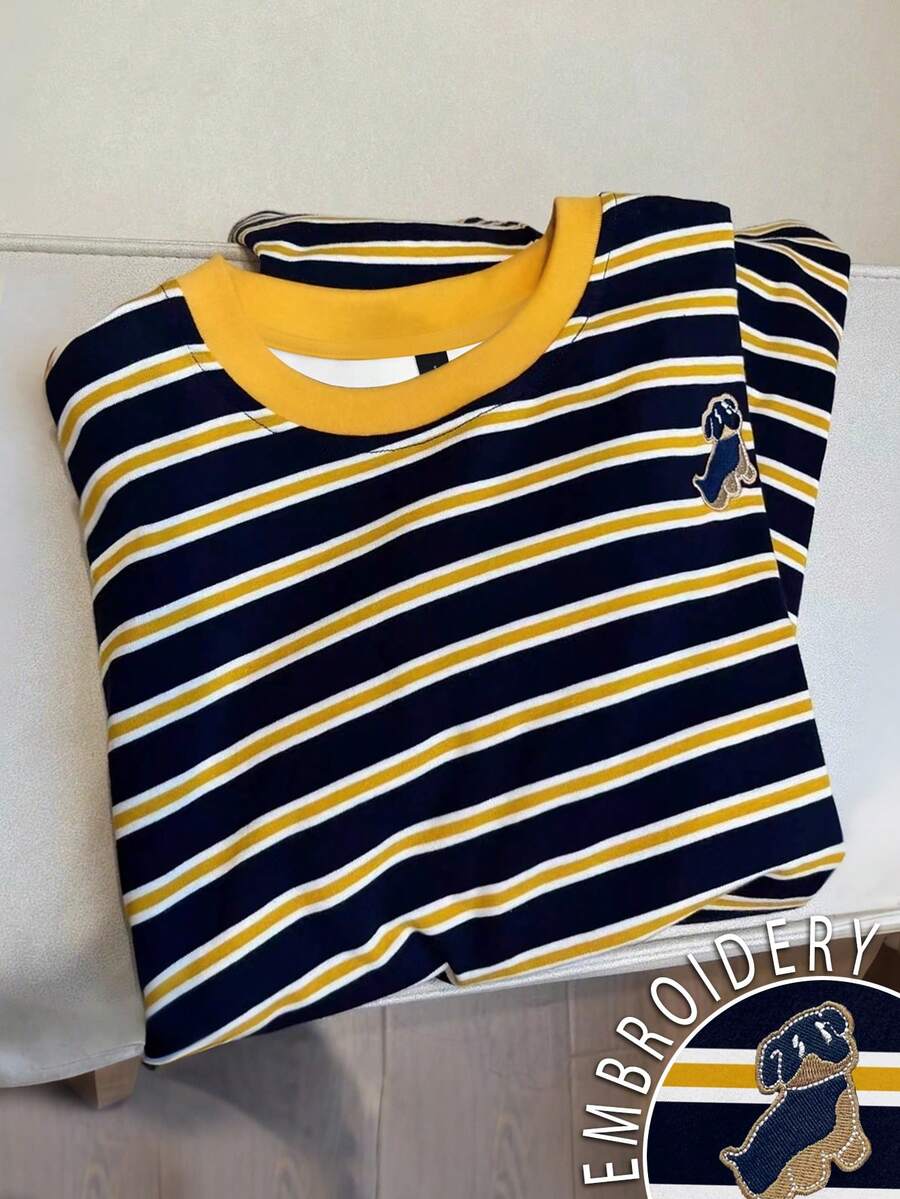 Resyla 女士休闲条纹字母印花衬衫，秋季 - 黃色 - 查看 1