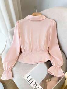 Franclia Elegancka koszula damska z długim rękawem i ściągaczem w talii w jednolitym kolorze - Różowy - Zobacz 4