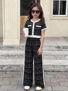 Firerie Kids Firerie Kids 少女休闲正式优雅返校套装，黑白格纹撞色珍珠纽扣上衣搭配直筒撞色长裤两件套 - 黑與白 - 查看 11