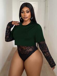 Maweii Modischer, sexy Spitzen-Patchwork-Bodysuit in Große Größen - Dunkelgrün - Übersicht 1