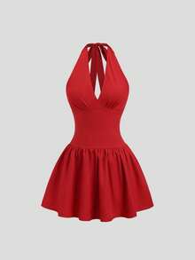 Sweetra Women's Sexy Deep V-Neck Backless Bodycon Mini Dress With Tie Waist And Layered Hem, Romantic Party Cocktail Dress - Red - View 1