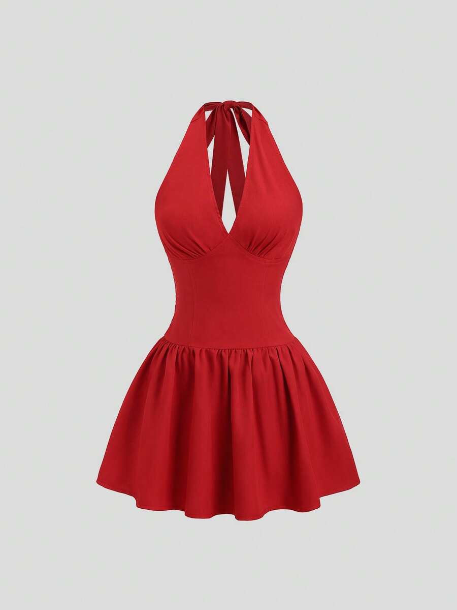 Sweetra Women's Sexy Deep V-Neck Backless Bodycon Mini Dress With Tie Waist And Layered Hem, Romantic Party Cocktail Dress - Red - View 1