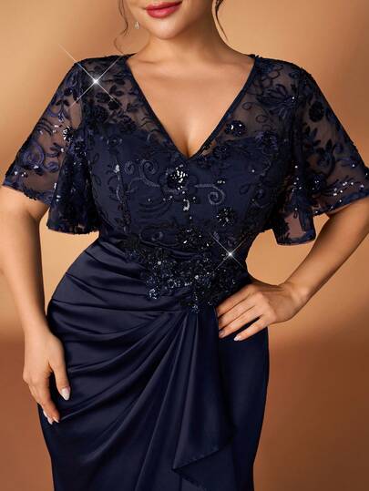 Serin Plus Size Elegant Luxurious Blue Sequin Floral Lace Applique Patchwork Elastic Satin Ruffle Trim Sleeve Dress, Suitable For Wedding, Party, Vacation, Ball, Evening Gown, Mother Of The Bride