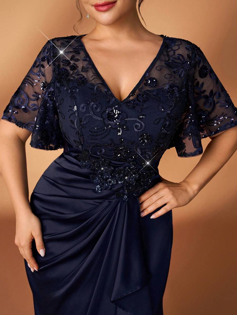 Serin Plus Size Elegant Navy Blue Winter Dress,Formal Party Wedding Mother Of The Bride Sequin Floral Lace Applique Elastic Satin Ruffle Sleeve Gown