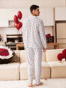 CoupledUp Heart Print Contrast Trim Men's French Style Neutral Romantic Casual Pajama Set