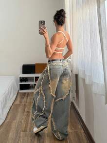 StreetHx Women's Loose Fit Pockets Frayed Hem Wide Leg Casual Jeans - Multicolor - View 2